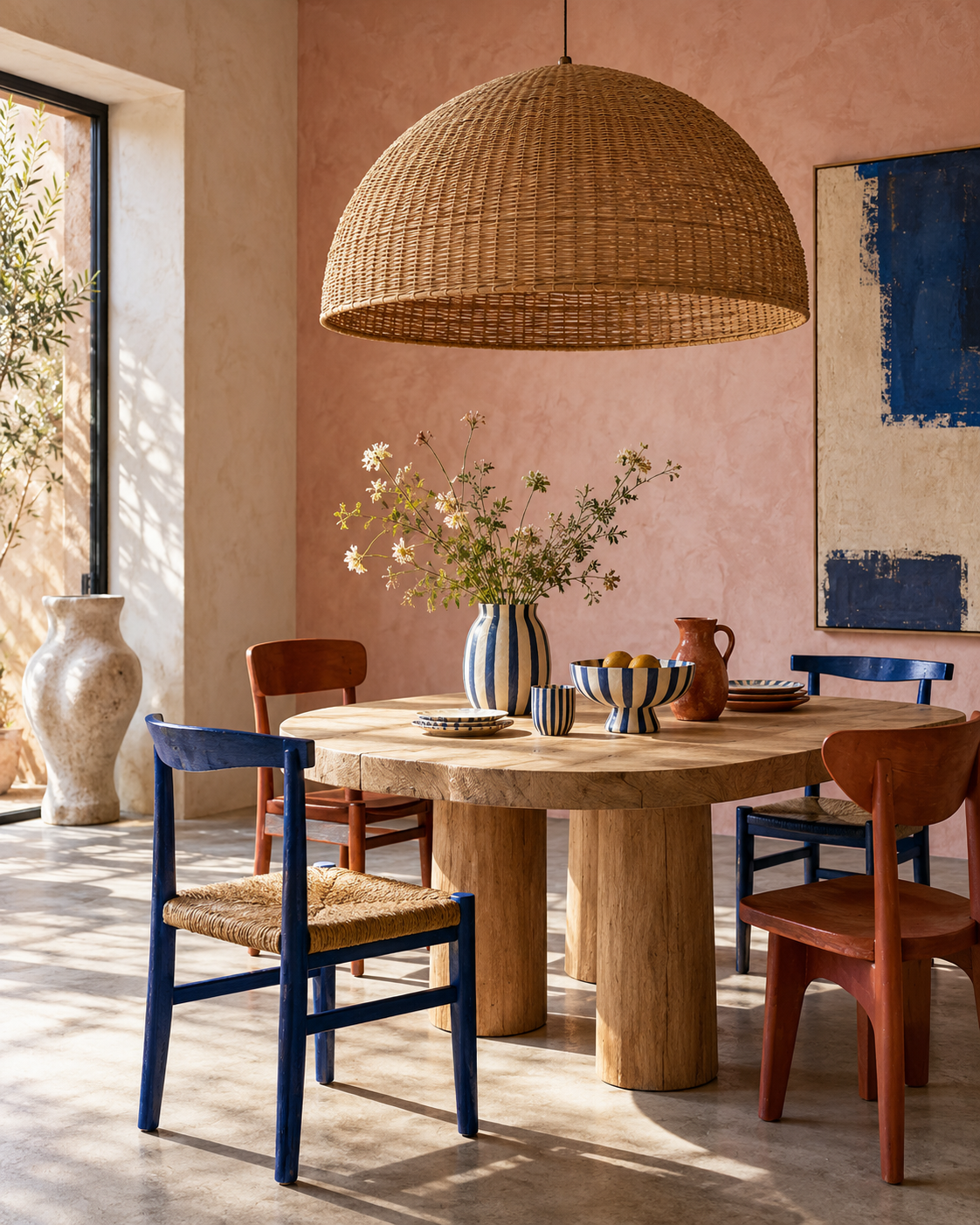 A colourful dining setting with handmade chairs and ceramic tableware