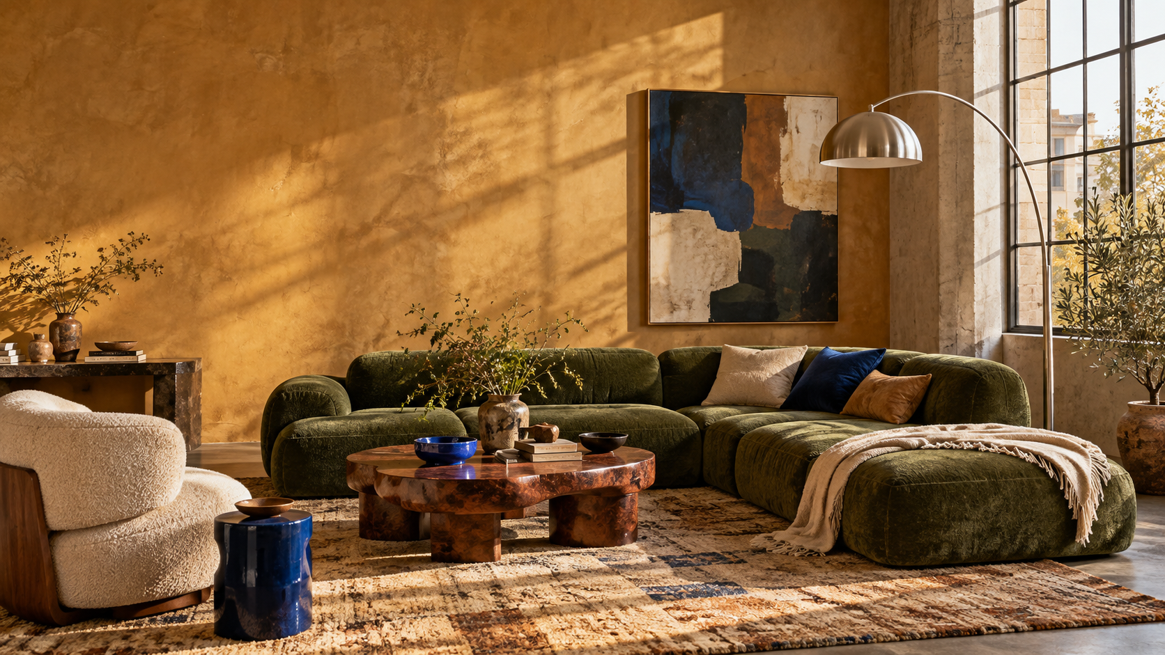 A richly layered living room with a moss-green sectional sofa and amber plaster walls